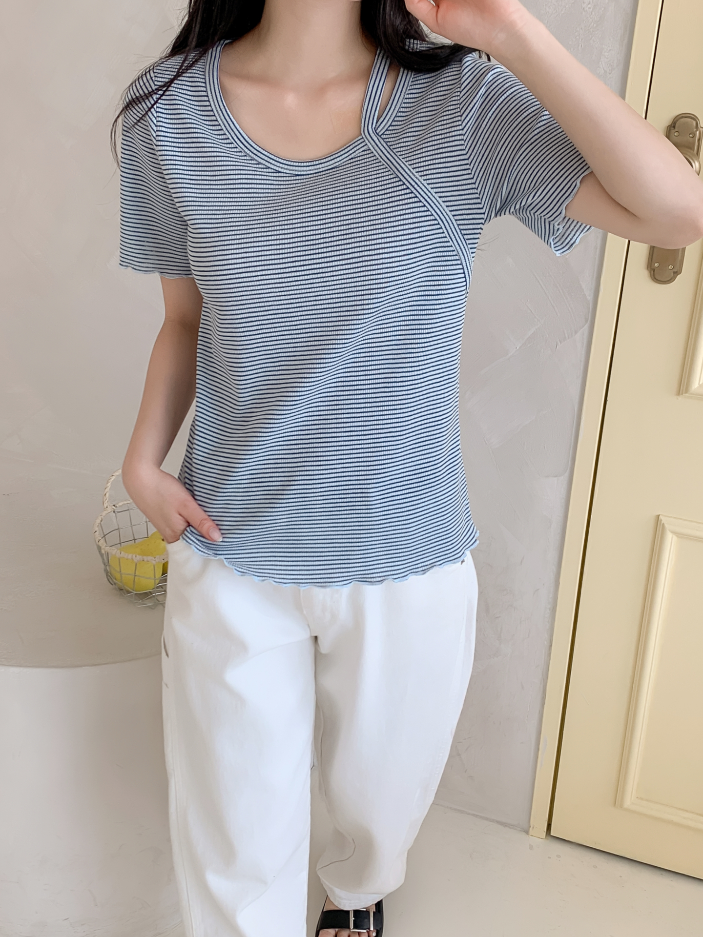 ラウンドネックベーシックスリム半袖ボーダー配色Tシャツ | 詳細画像21