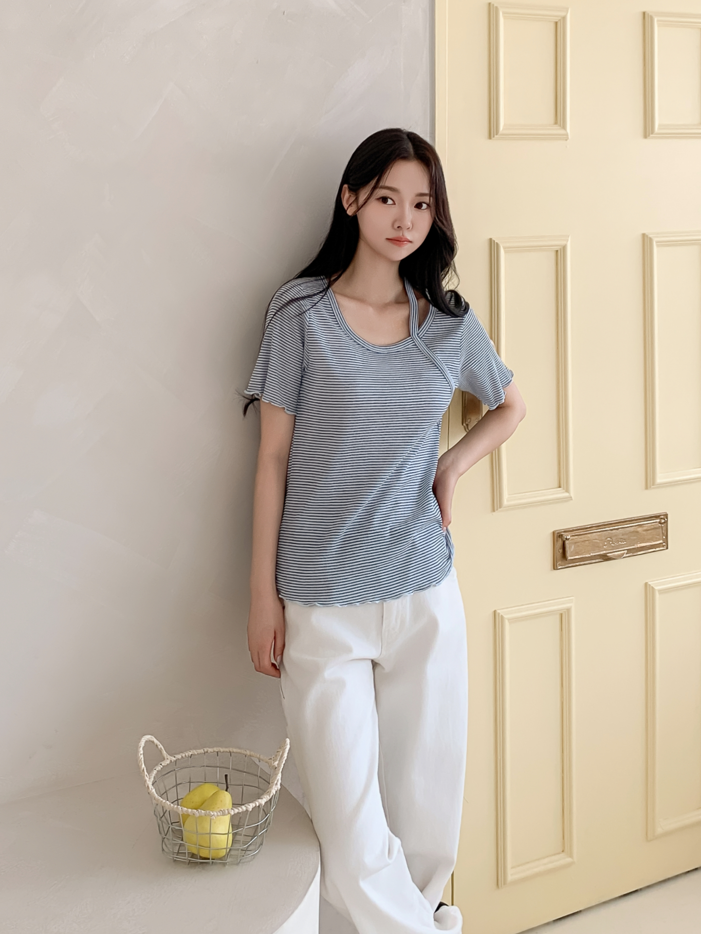 ラウンドネックベーシックスリム半袖ボーダー配色Tシャツ | 詳細画像22