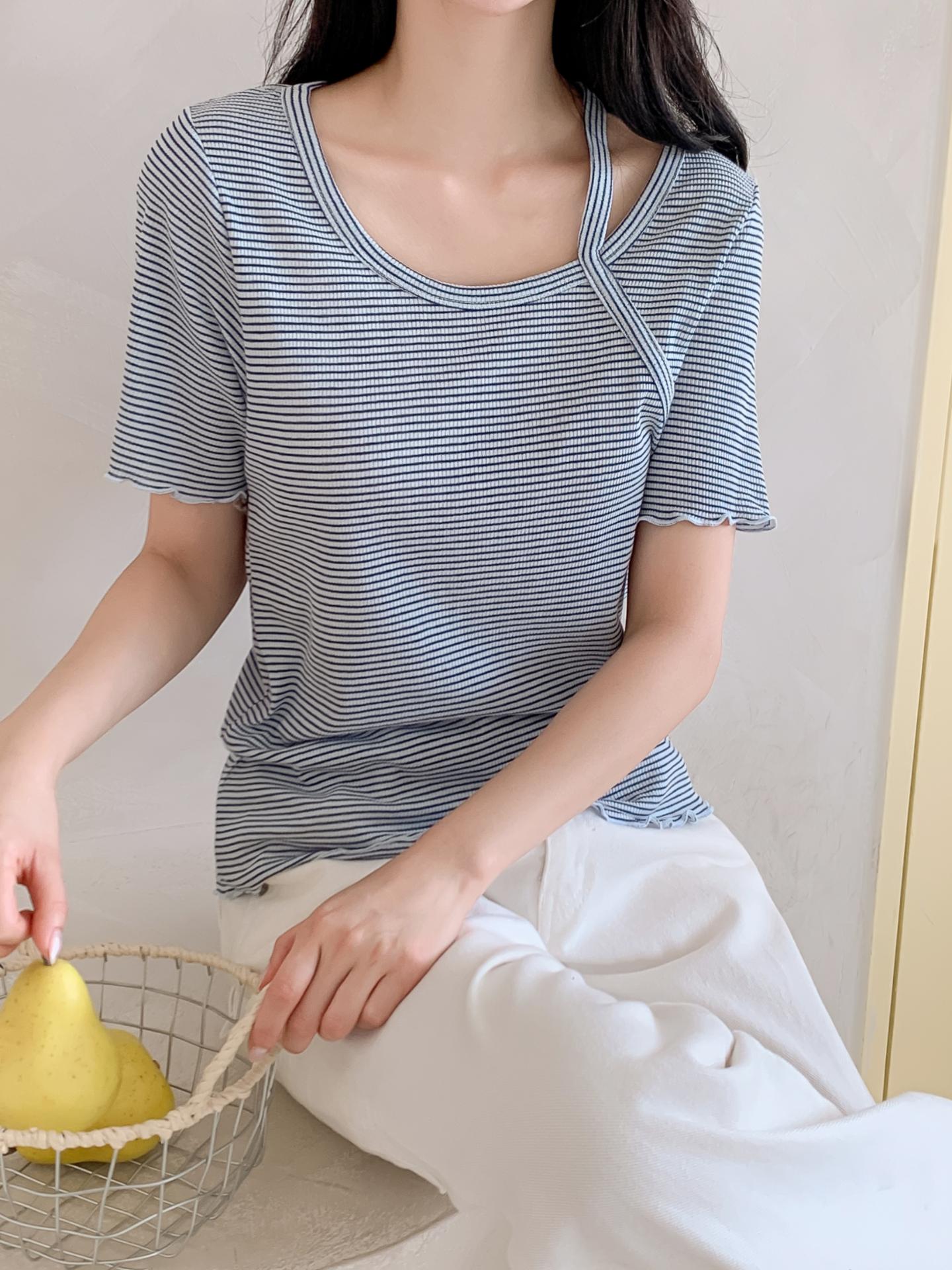 ラウンドネックベーシックスリム半袖ボーダー配色Tシャツ | 詳細画像28
