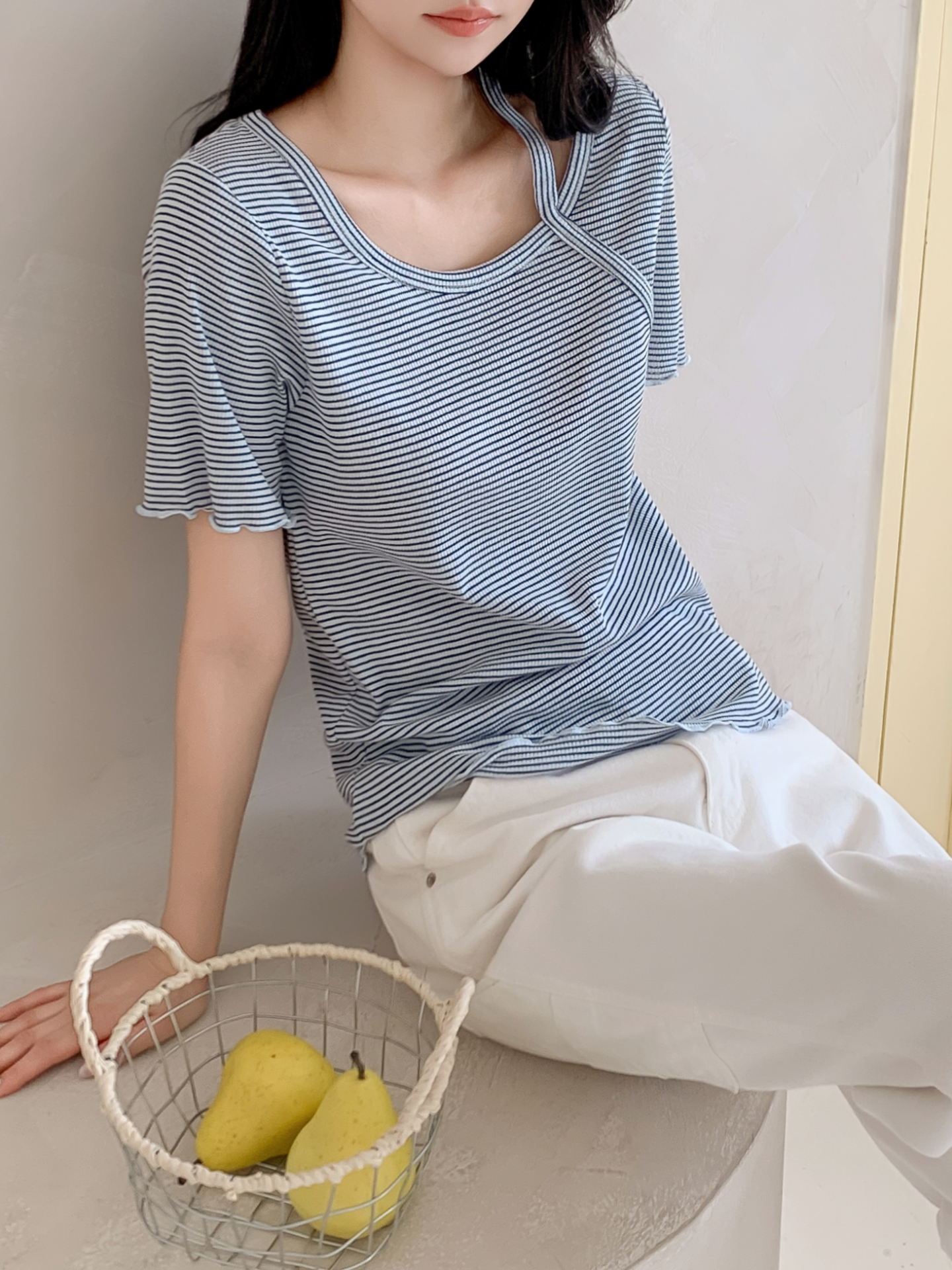 ラウンドネックベーシックスリム半袖ボーダー配色Tシャツ | 詳細画像30