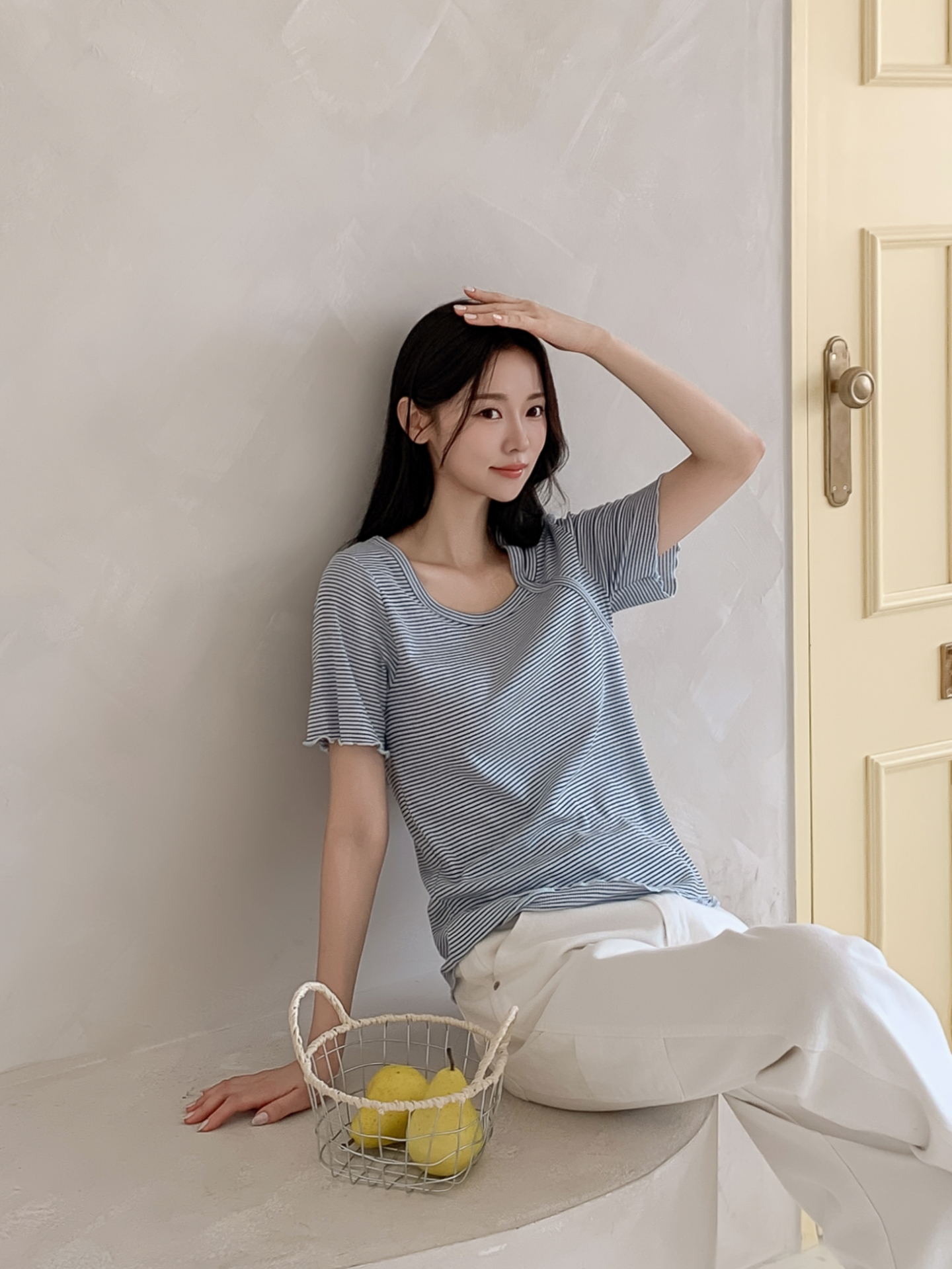 ラウンドネックベーシックスリム半袖ボーダー配色Tシャツ | 詳細画像31