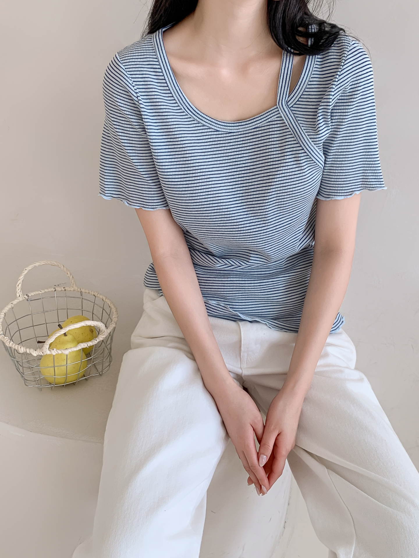 ラウンドネックベーシックスリム半袖ボーダー配色Tシャツ | 詳細画像32