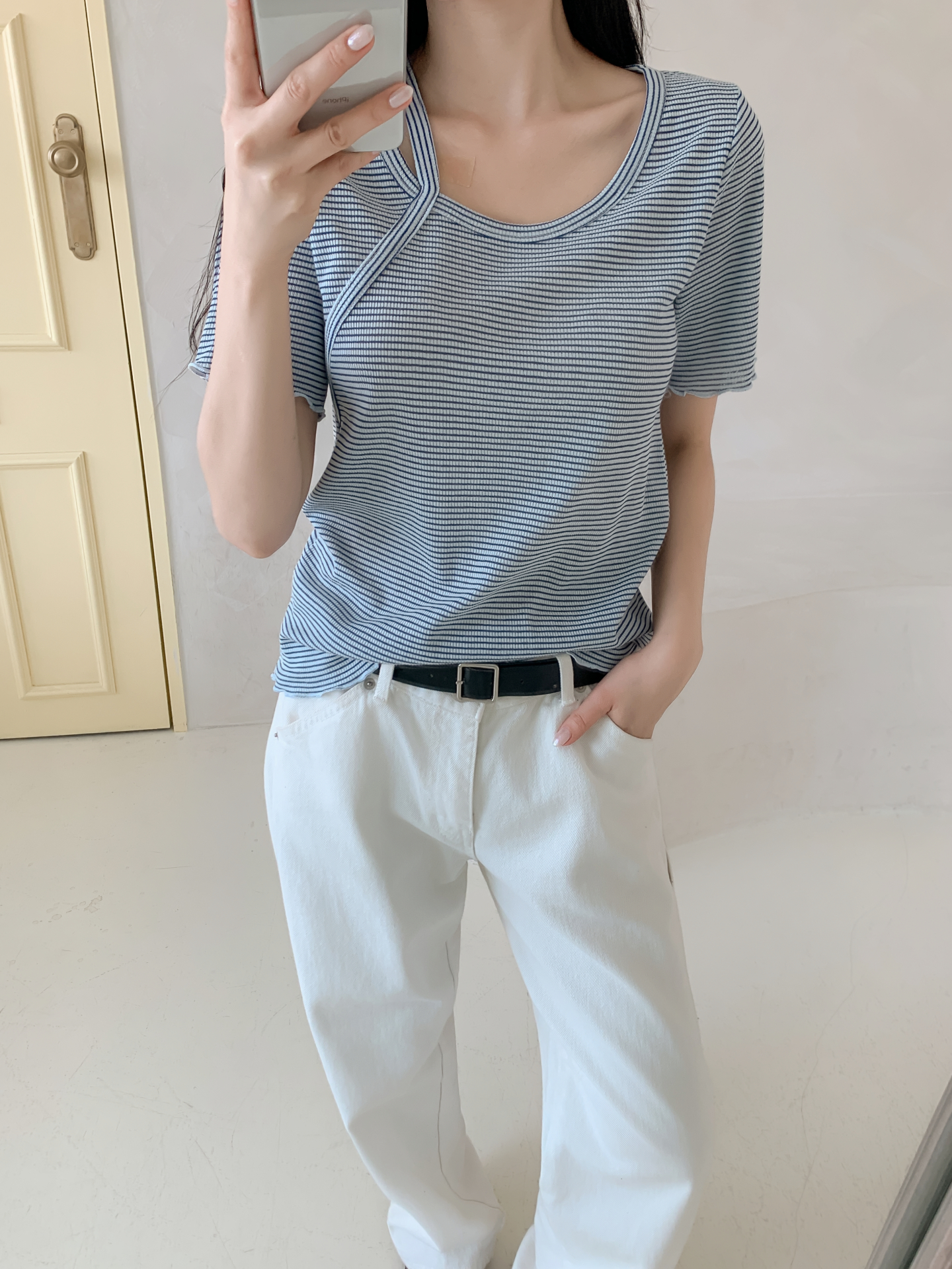 ラウンドネックベーシックスリム半袖ボーダー配色Tシャツ | 詳細画像35