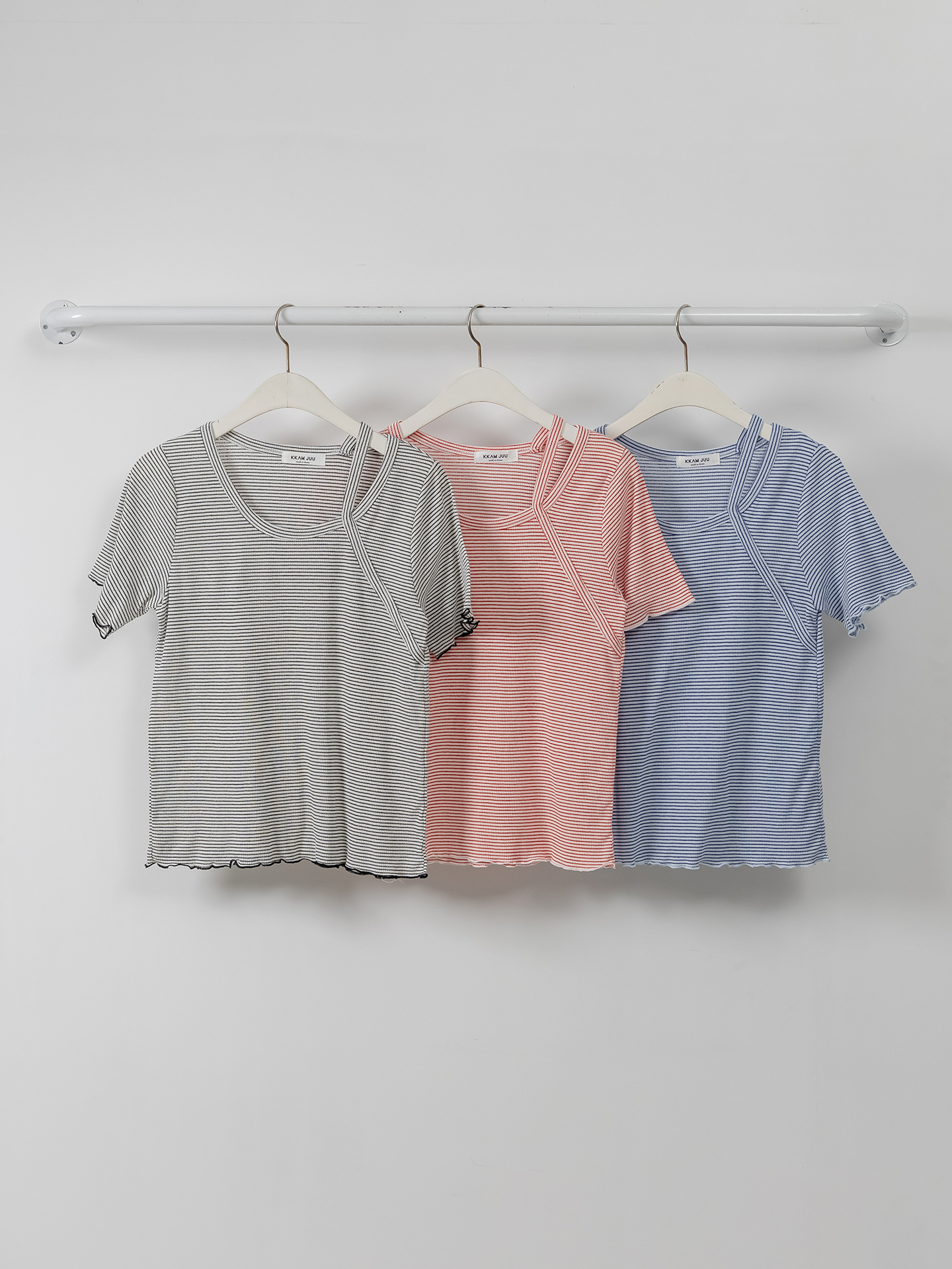 ラウンドネックベーシックスリム半袖ボーダー配色Tシャツ | 詳細画像37