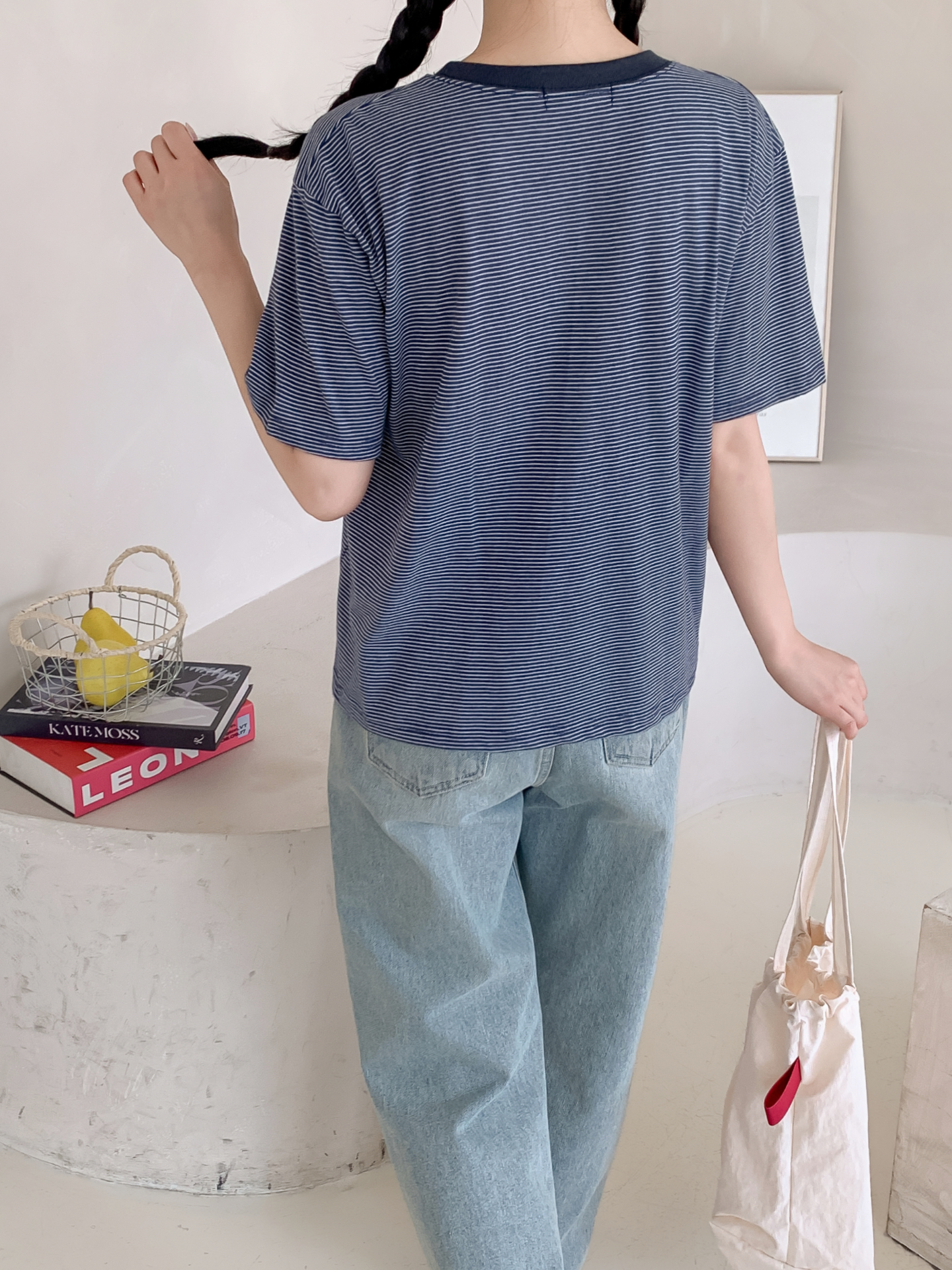 ラウンドネックベーシックルーズ半袖ボーダーTシャツ | 詳細画像4