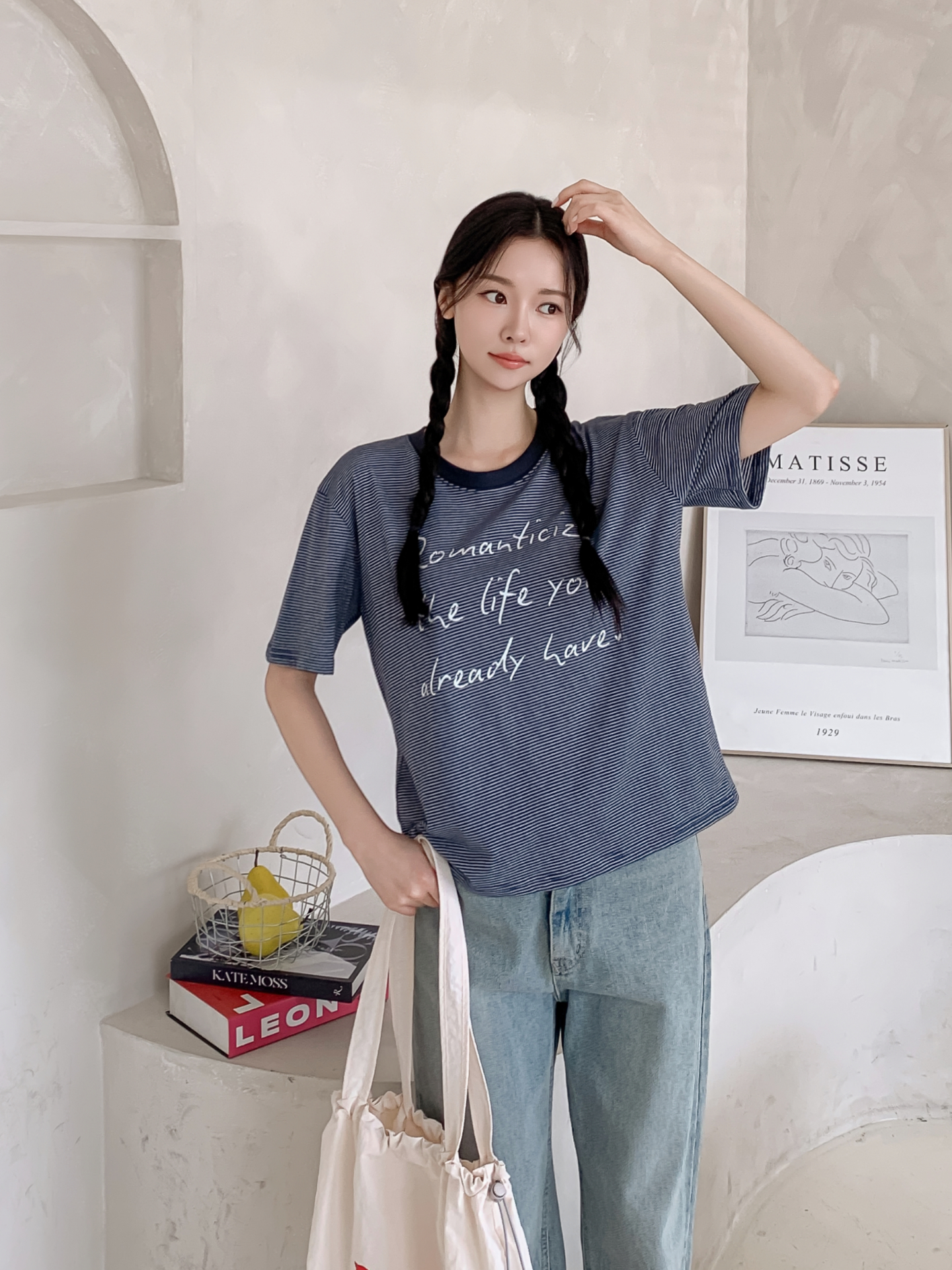 ラウンドネックベーシックルーズ半袖ボーダーTシャツ | 詳細画像5
