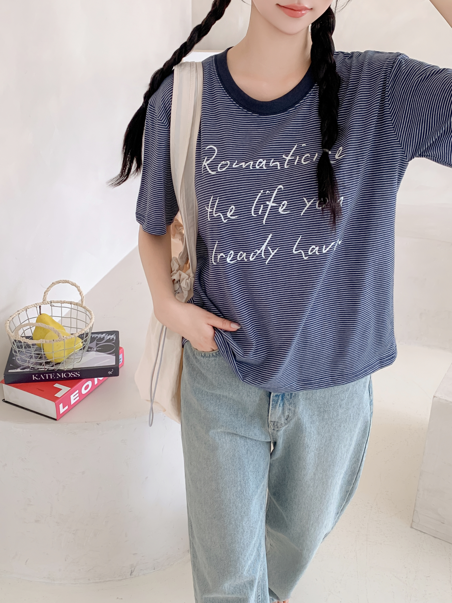 ラウンドネックベーシックルーズ半袖ボーダーTシャツ | 詳細画像7