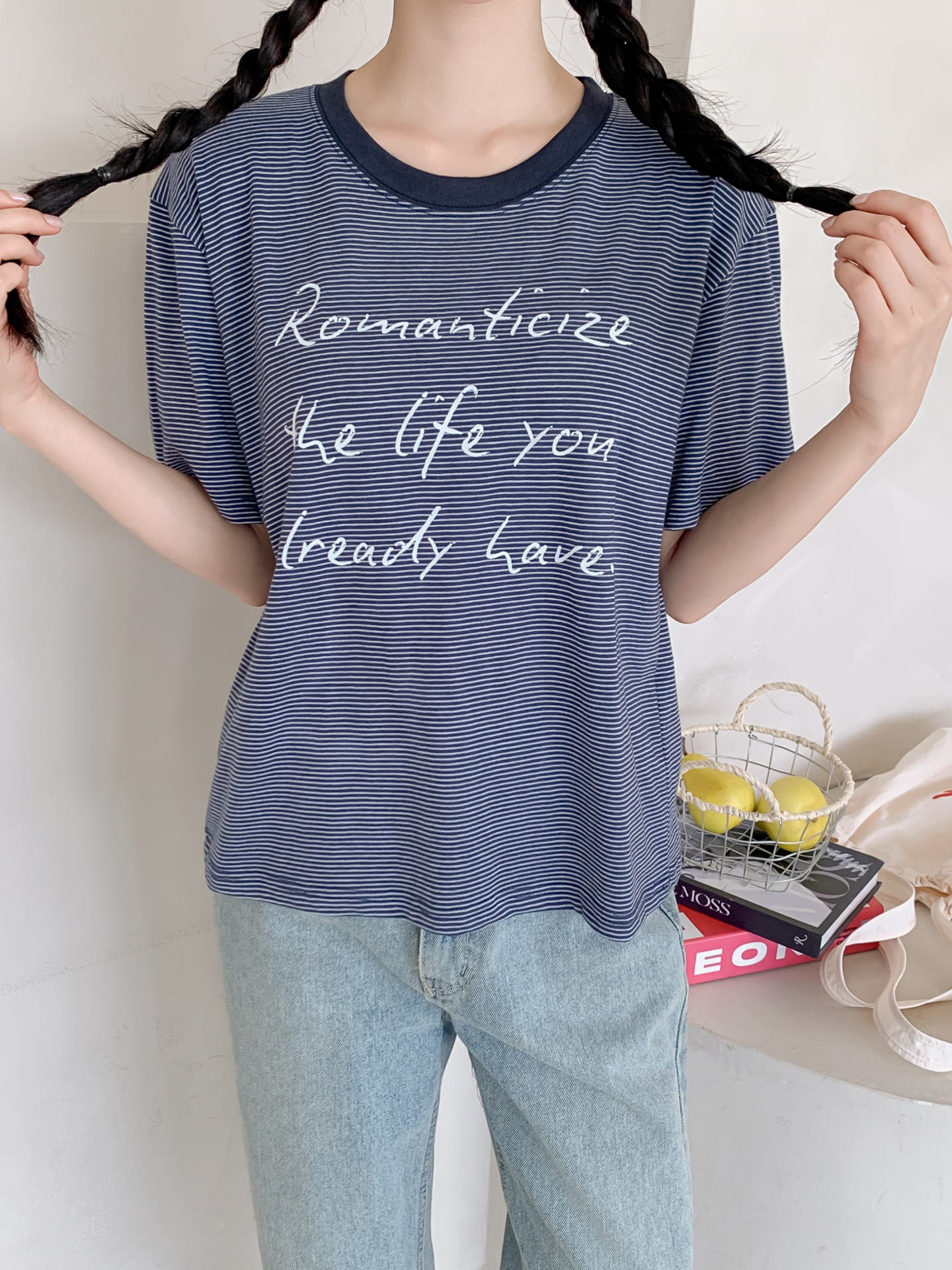 ラウンドネックベーシックルーズ半袖ボーダーTシャツ | 詳細画像13