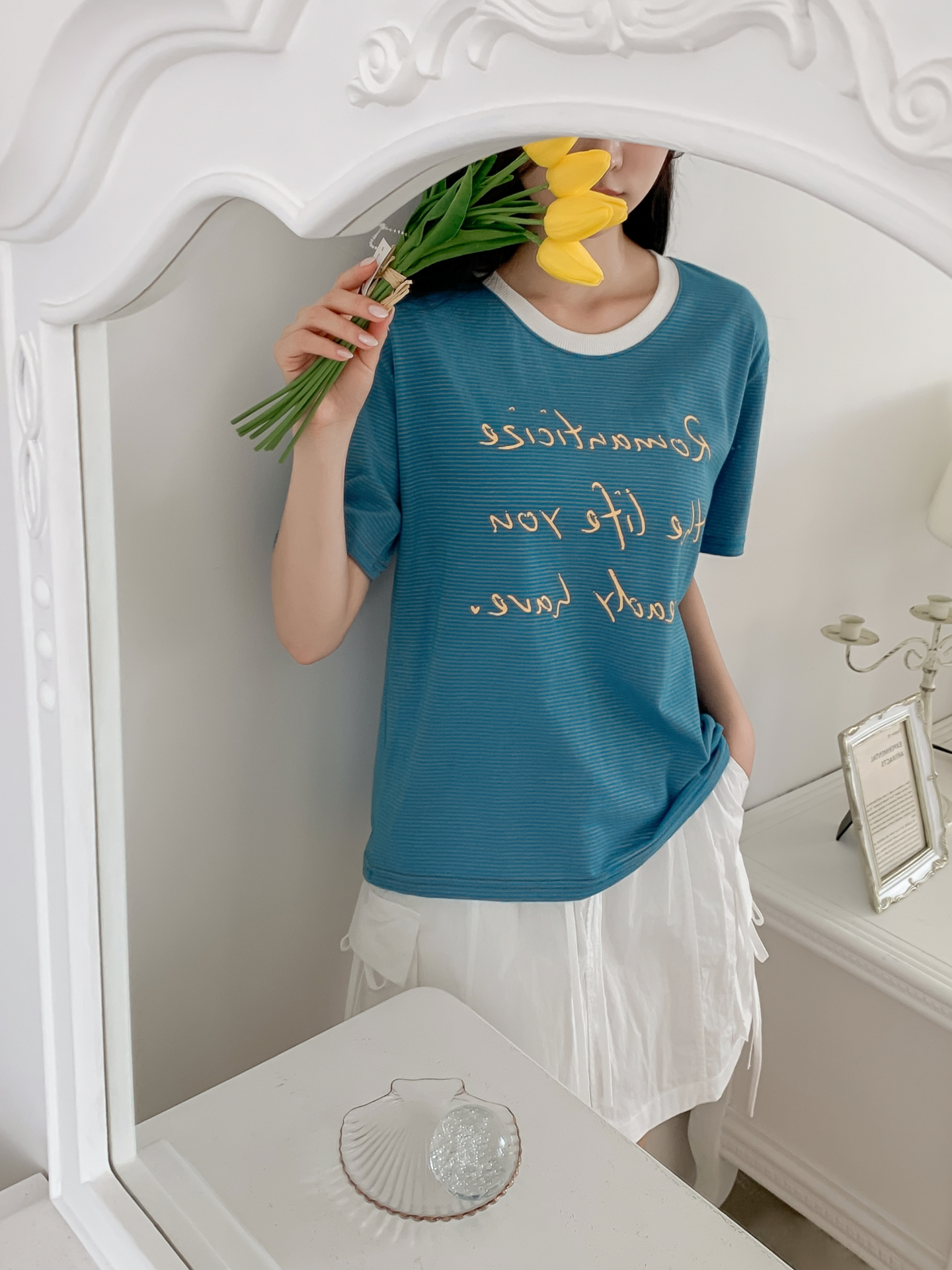 ラウンドネックベーシックルーズ半袖ボーダーTシャツ | 詳細画像30