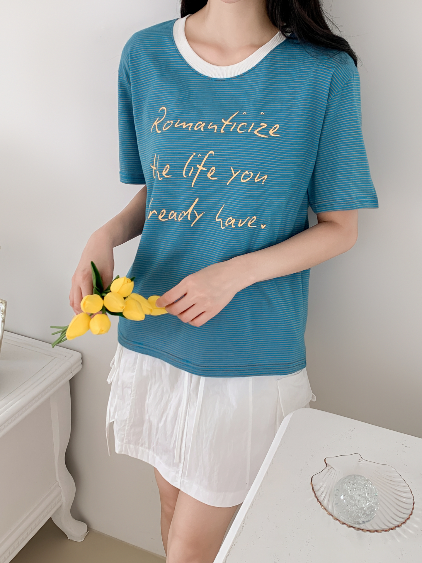 ラウンドネックベーシックルーズ半袖ボーダーTシャツ | 詳細画像31