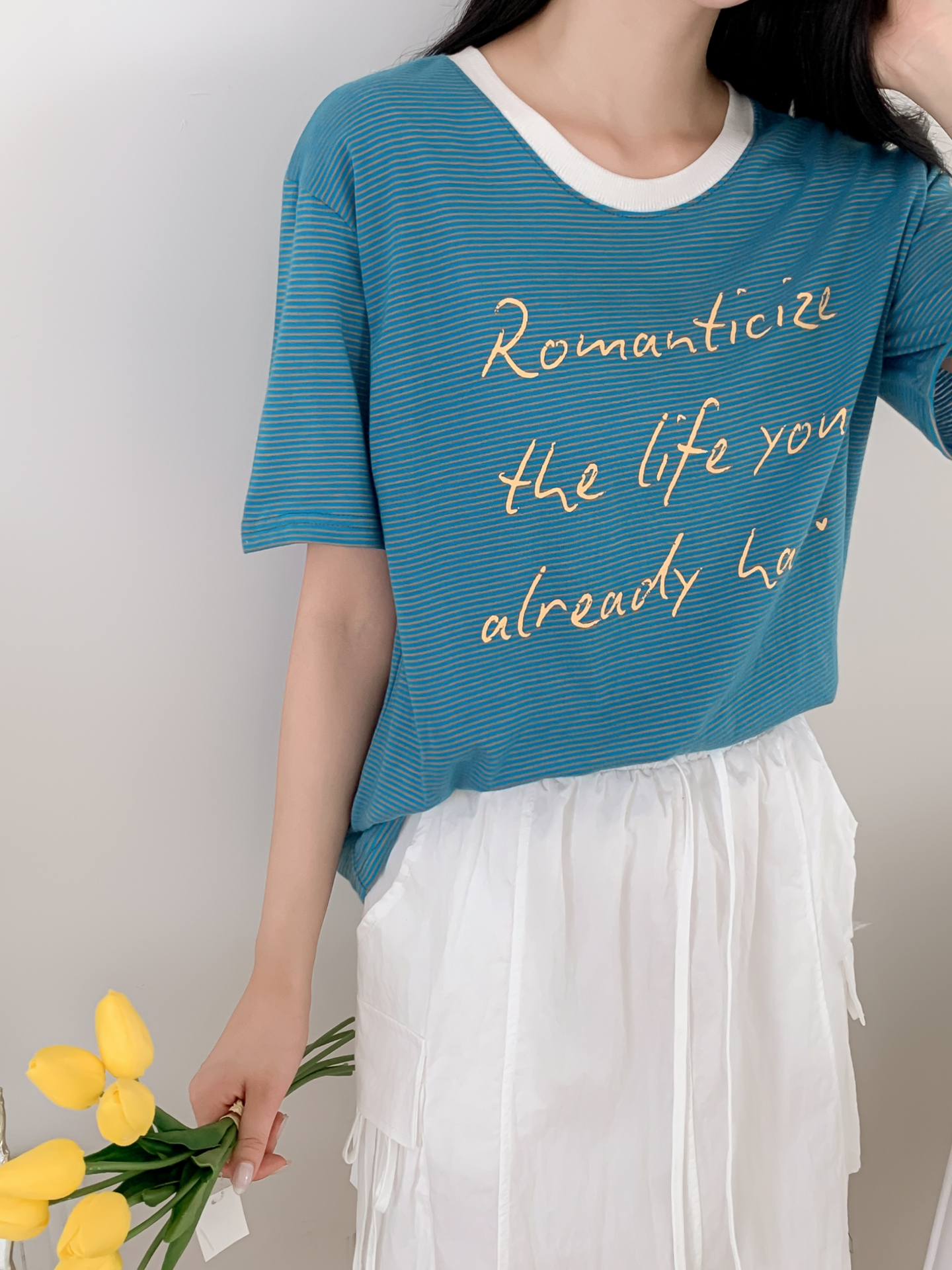 ラウンドネックベーシックルーズ半袖ボーダーTシャツ | 詳細画像35