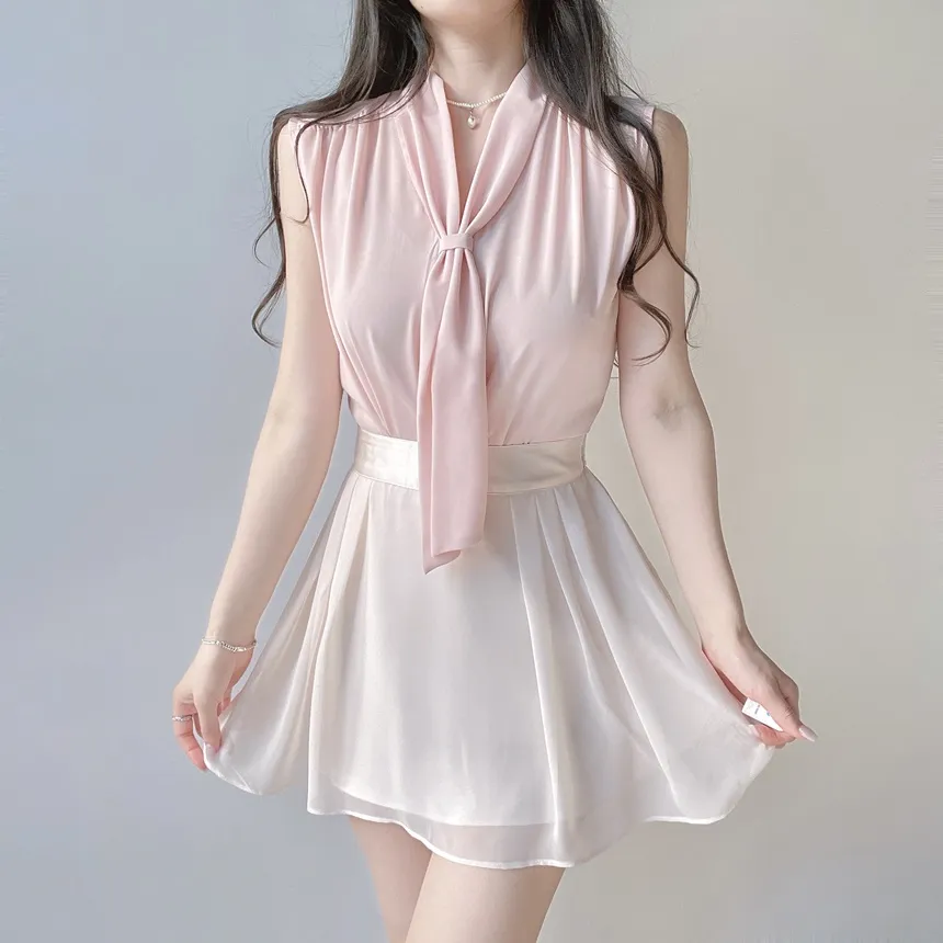 ボウタイギャザーシンプルベーシックレイヤード風無地ノースリブラウス | mirangmirang | 詳細画像11