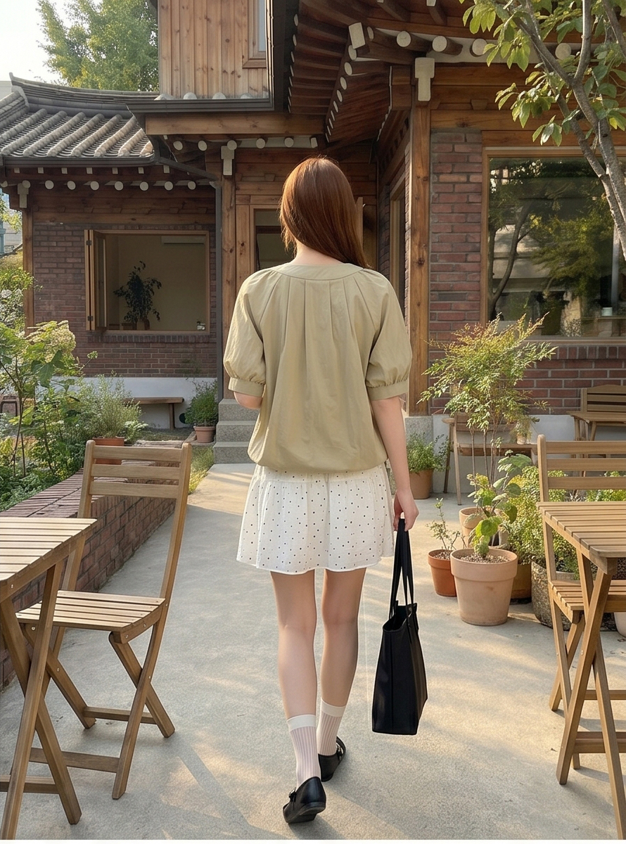 ラウンドネックドローストリングピンタック半袖ブラウス | 詳細画像20