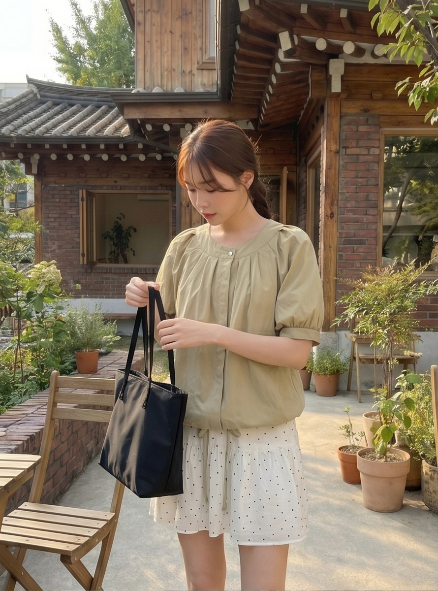 ラウンドネックドローストリングピンタック半袖ブラウス | 詳細画像22
