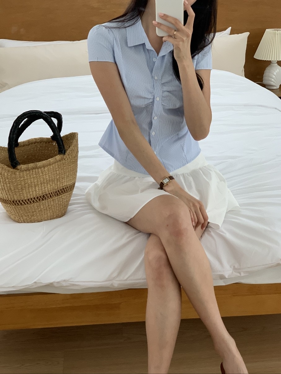 カラーキャップスリーブ半袖ギャザーストライプシャツ | 詳細画像9