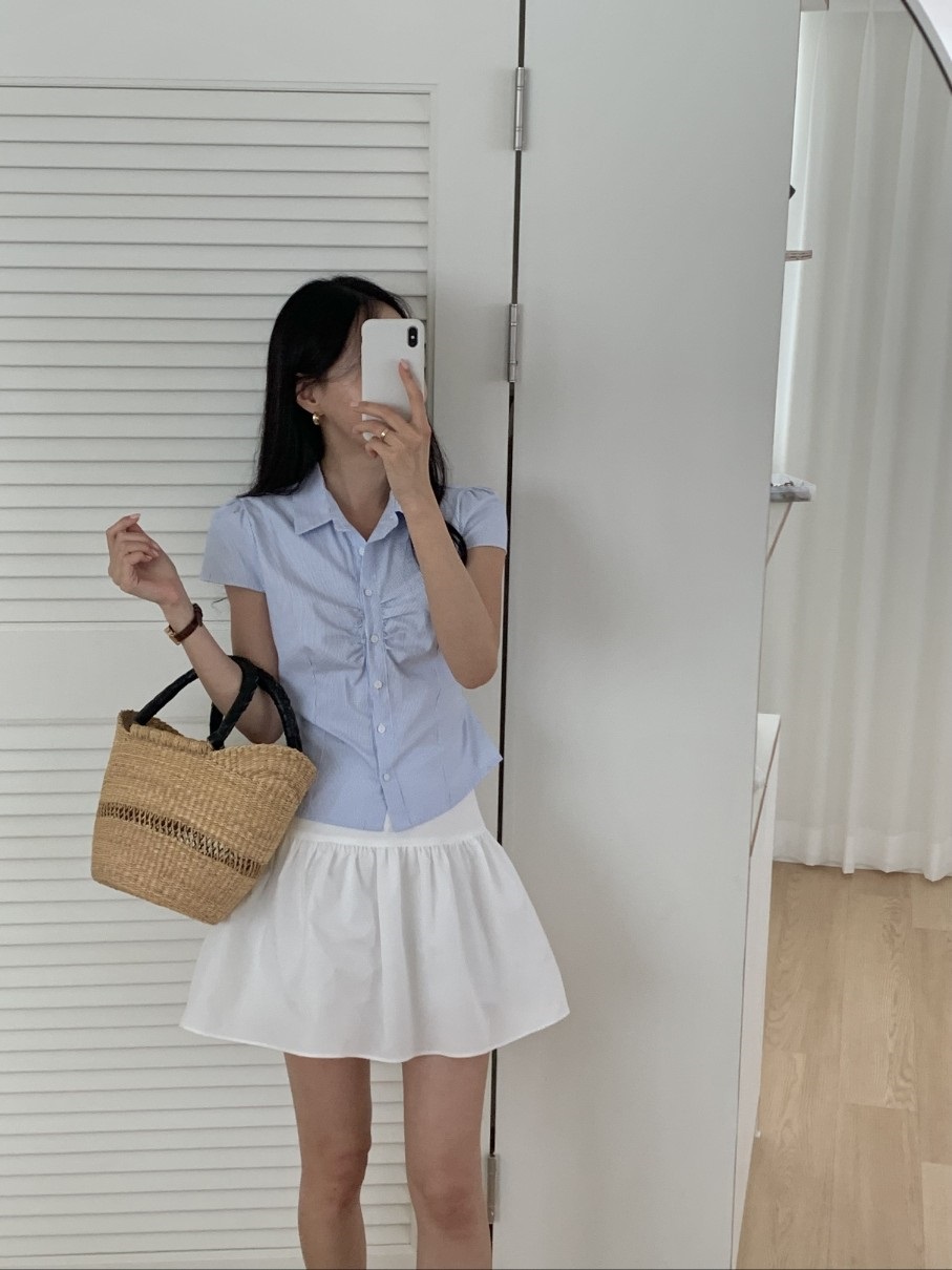 カラーキャップスリーブ半袖ギャザーストライプシャツ | 詳細画像12