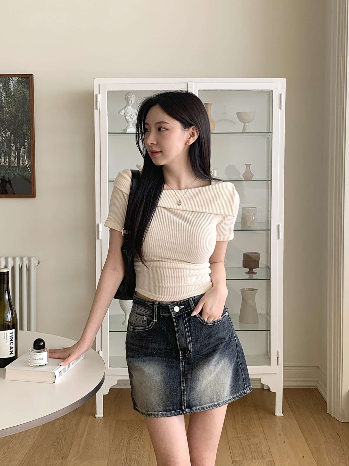 リブオフショルダースリムアンバランス半袖Tシャツ | 詳細画像4