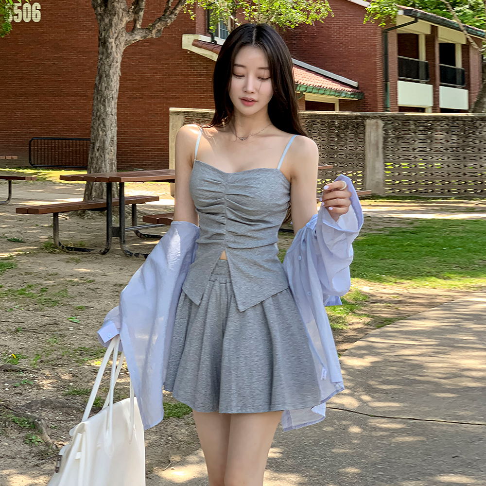 シャーリングスリットキャミソールショートパンツシャツ3pc セット