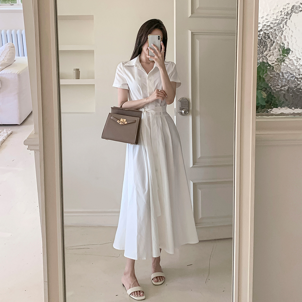 半袖ピンタックフレアロングシークレットボタンシャツワンピース