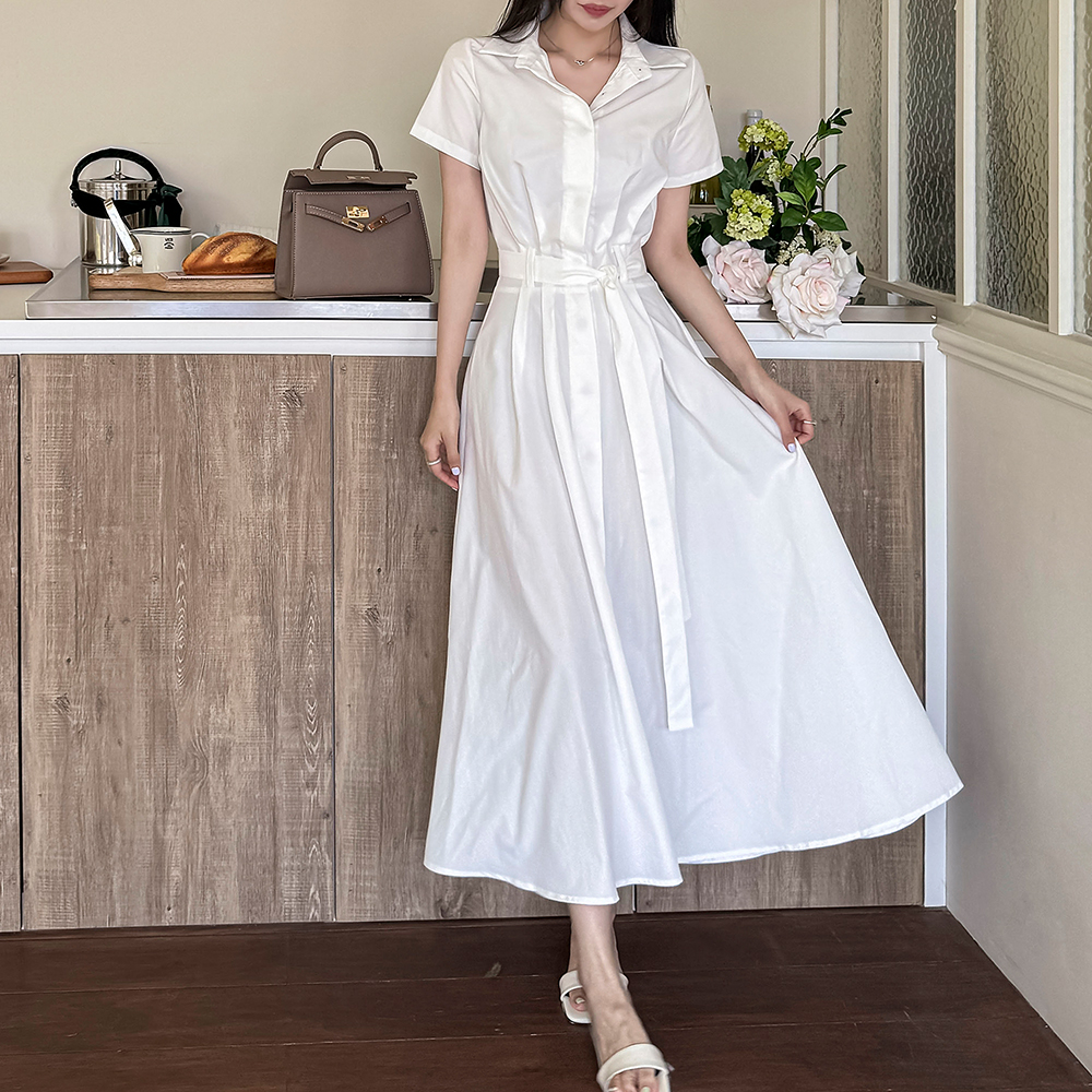 半袖ピンタックフレアロングシークレットボタンシャツワンピース