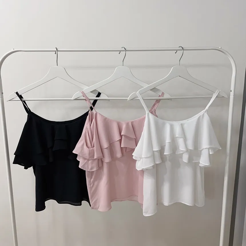 シフォンオフショルダーフリルUネックシンプル無地ブラウス | mirangmirang | 詳細画像24