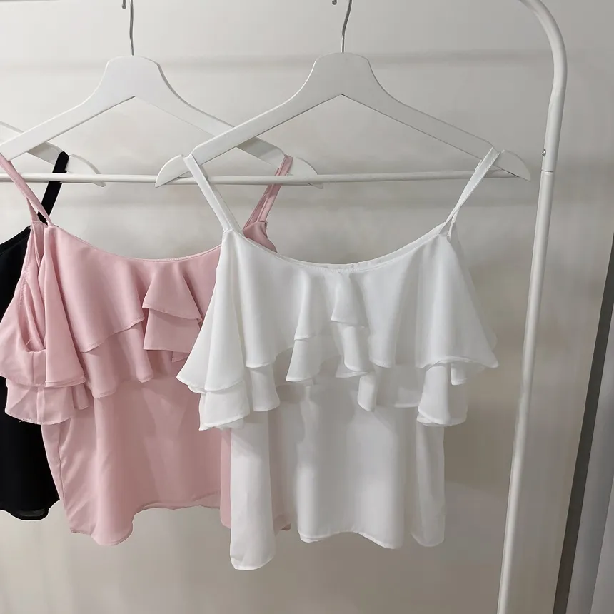 シフォンオフショルダーフリルUネックシンプル無地ブラウス | mirangmirang | 詳細画像25