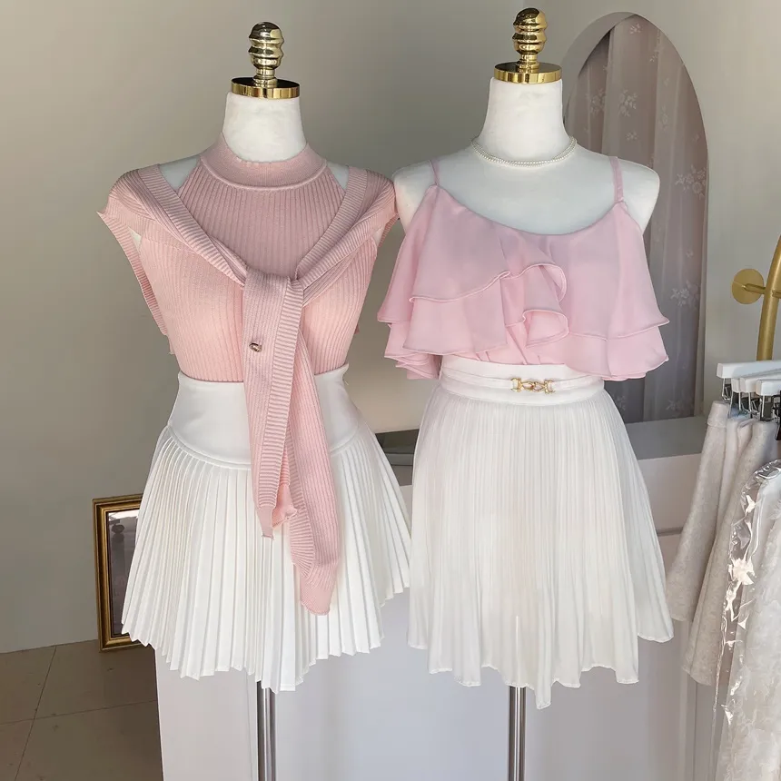 シフォンオフショルダーフリルUネックシンプル無地ブラウス | mirangmirang | 詳細画像27