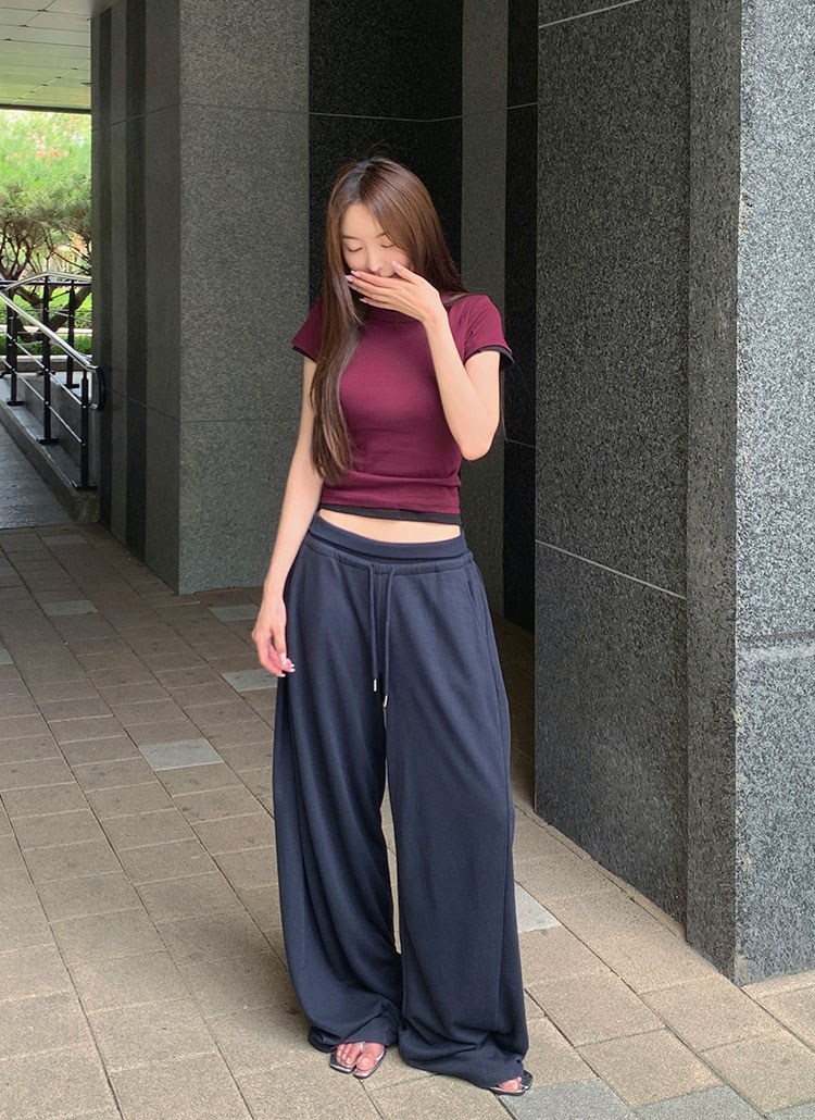 ドローストリングウエストゴムワイドサイドピンタックパンツ[選べる丈