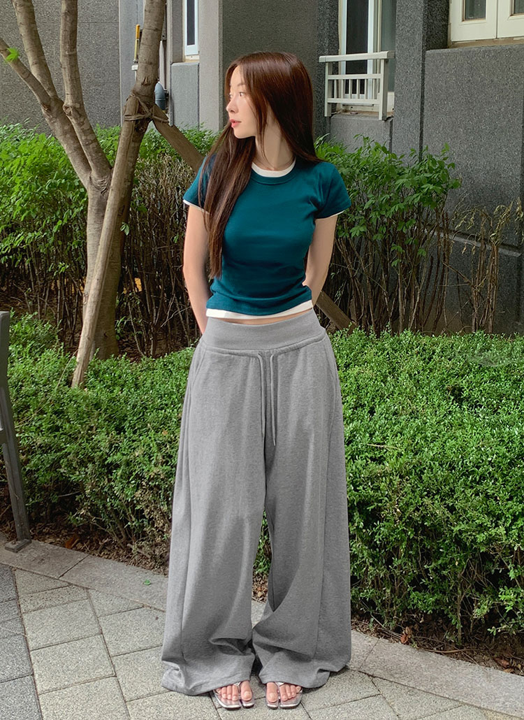 ドローストリングウエストゴムワイドサイドピンタックパンツ[選べる丈