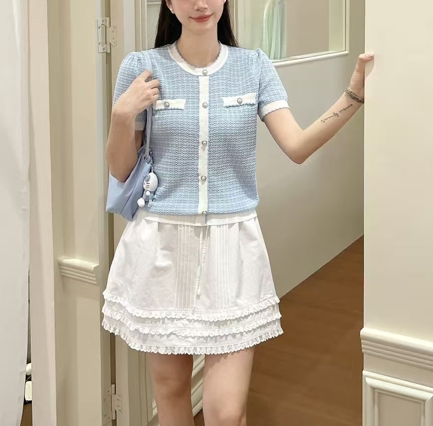 ニットエコパール配色ラウンドネックベーシック半袖フェイクボタンニット | 詳細画像6