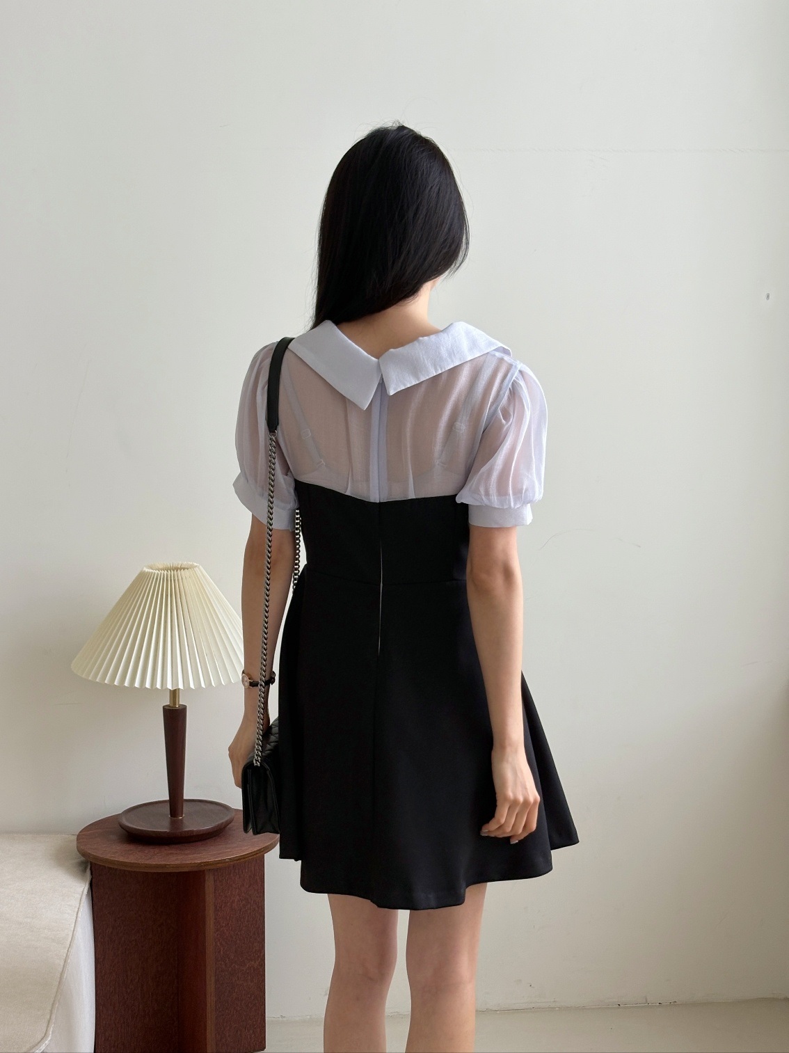 シフォンコンビ配色ジップアップカラーパフスリーブ半袖ミニワンピース | 詳細画像12
