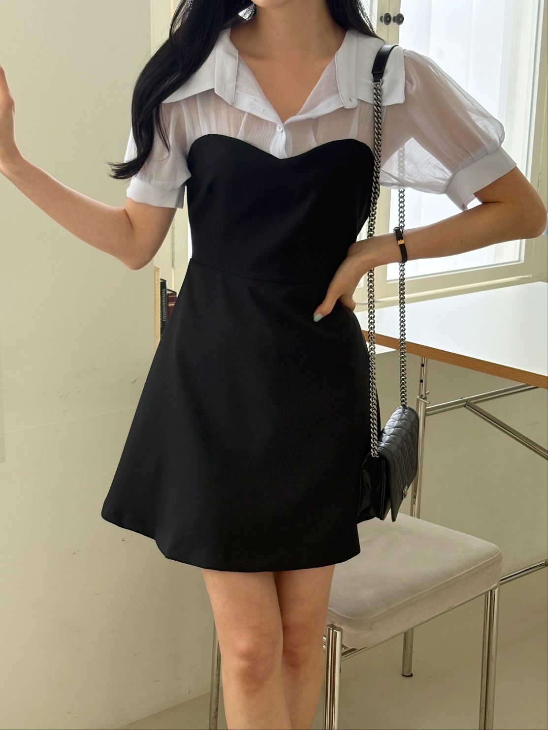 シフォンコンビ配色ジップアップカラーパフスリーブ半袖ミニワンピース | 詳細画像16