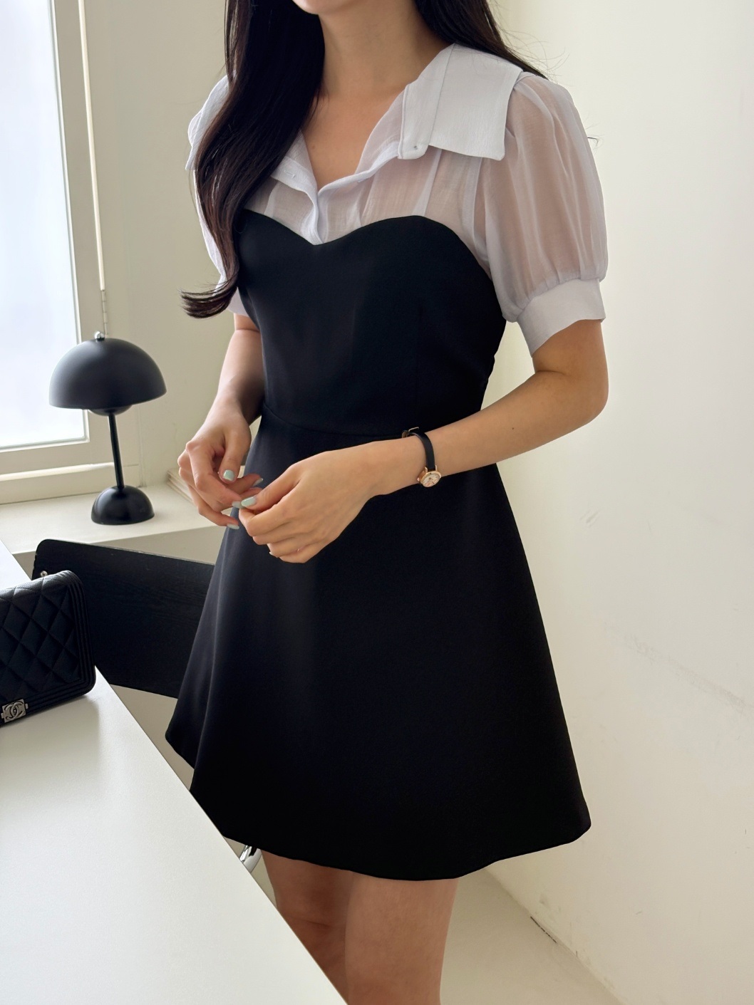 シフォンコンビ配色ジップアップカラーパフスリーブ半袖ミニワンピース | 詳細画像18