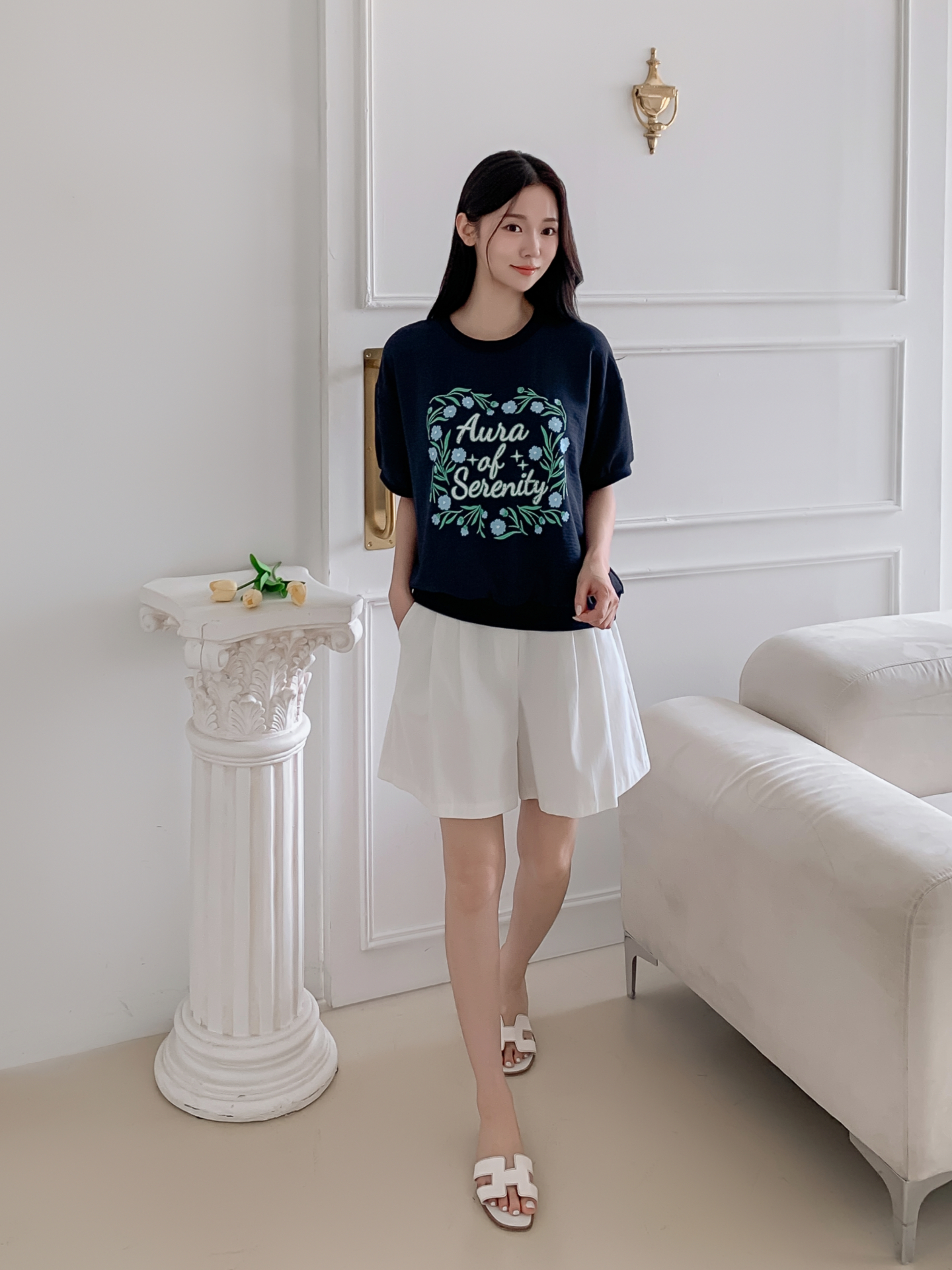 ラウンドネックルーズ半袖ロゴTシャツブラウス | 詳細画像4
