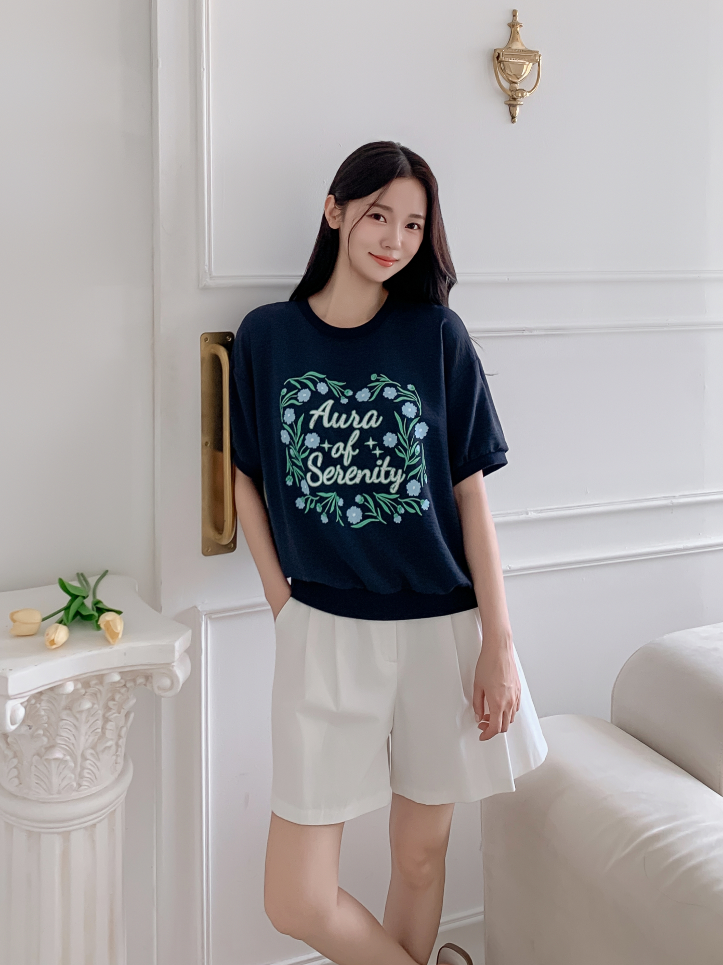 ラウンドネックルーズ半袖ロゴTシャツブラウス | 詳細画像5