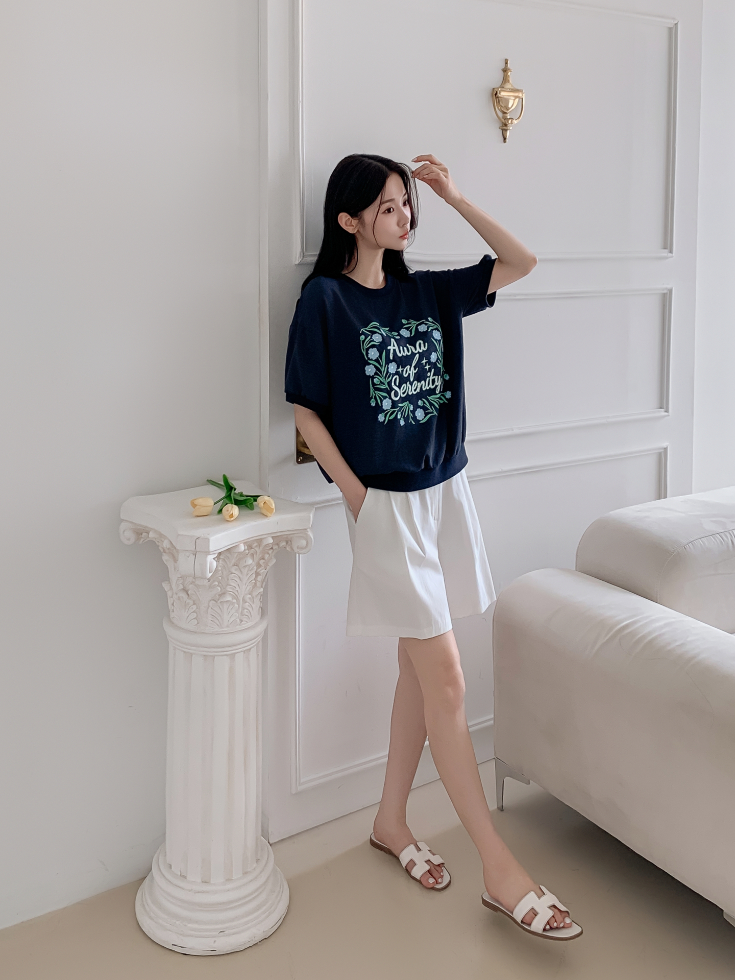 ラウンドネックルーズ半袖ロゴTシャツブラウス | 詳細画像6