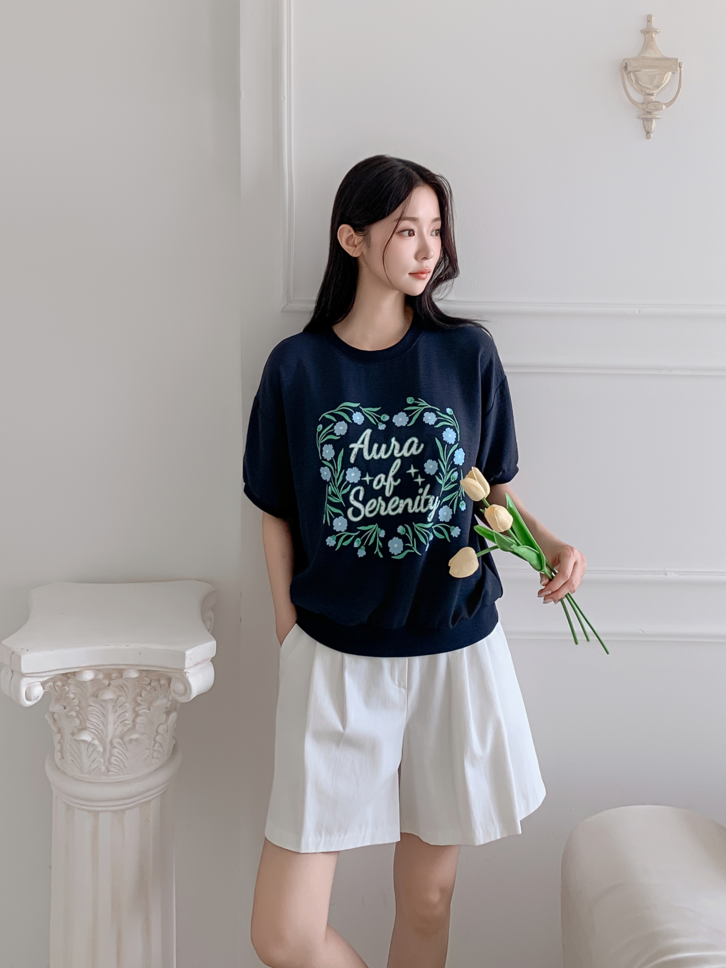 ラウンドネックルーズ半袖ロゴTシャツブラウス | 詳細画像7