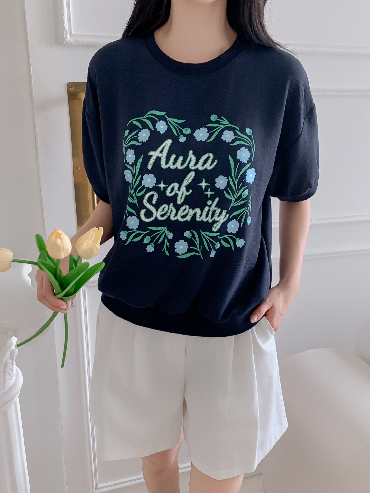 ラウンドネックルーズ半袖ロゴTシャツブラウス | 詳細画像8