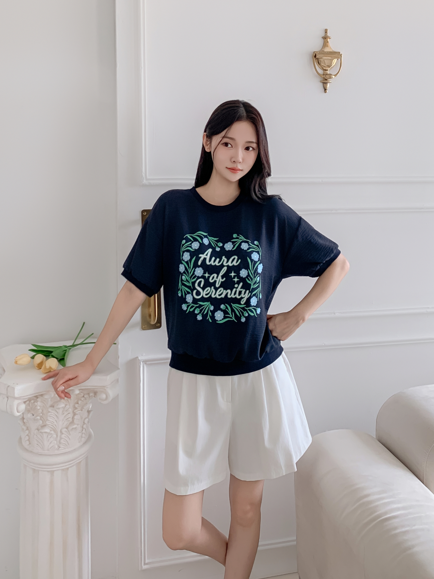 ラウンドネックルーズ半袖ロゴTシャツブラウス | 詳細画像10