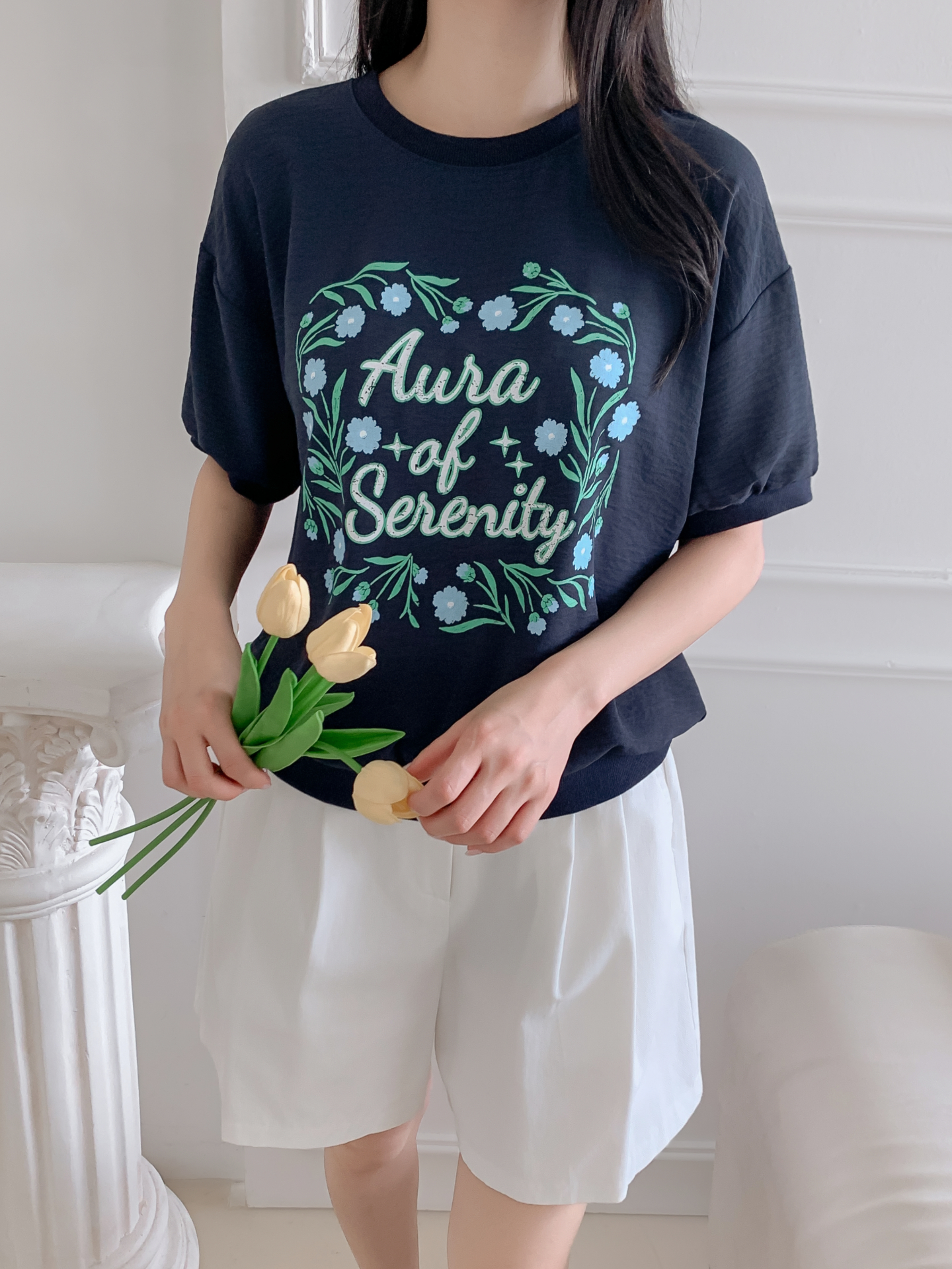 ラウンドネックルーズ半袖ロゴTシャツブラウス | 詳細画像12