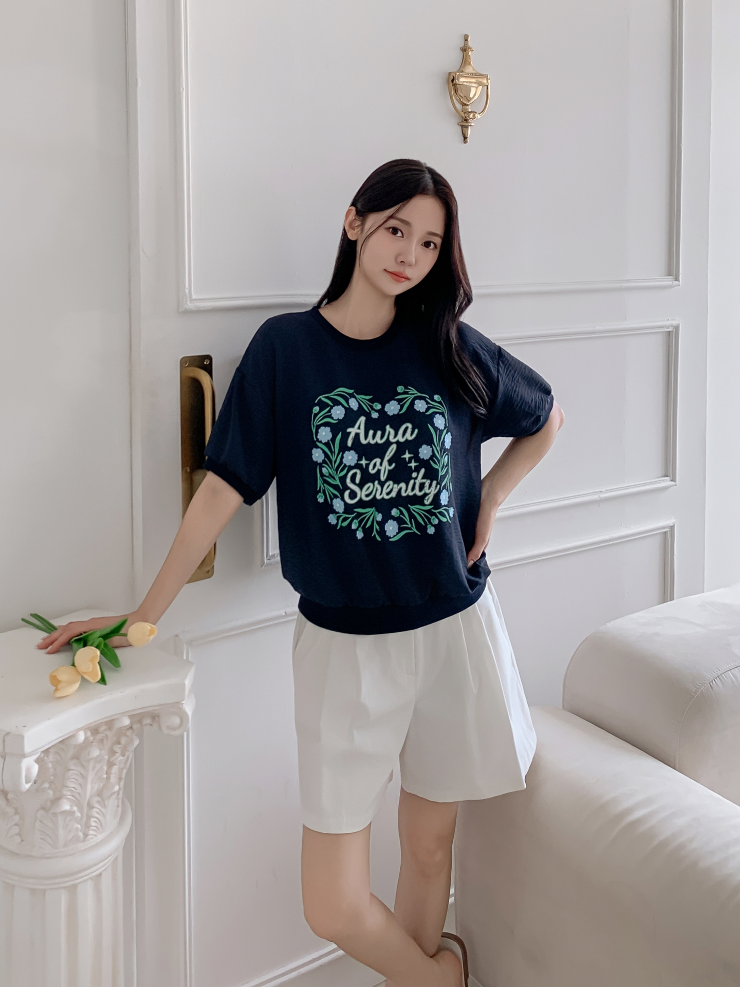 ラウンドネックルーズ半袖ロゴTシャツブラウス | 詳細画像13