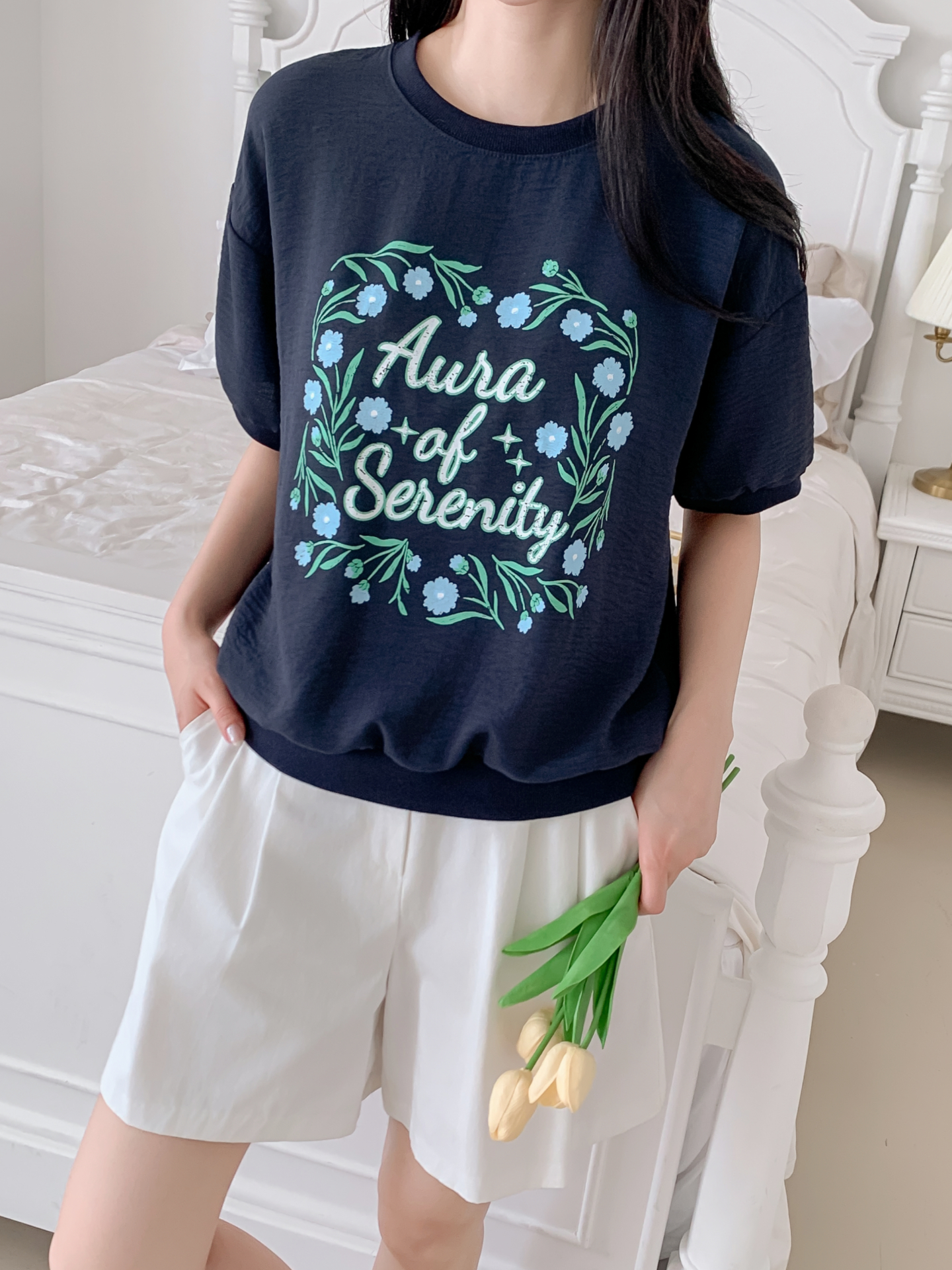 ラウンドネックルーズ半袖ロゴTシャツブラウス | 詳細画像16