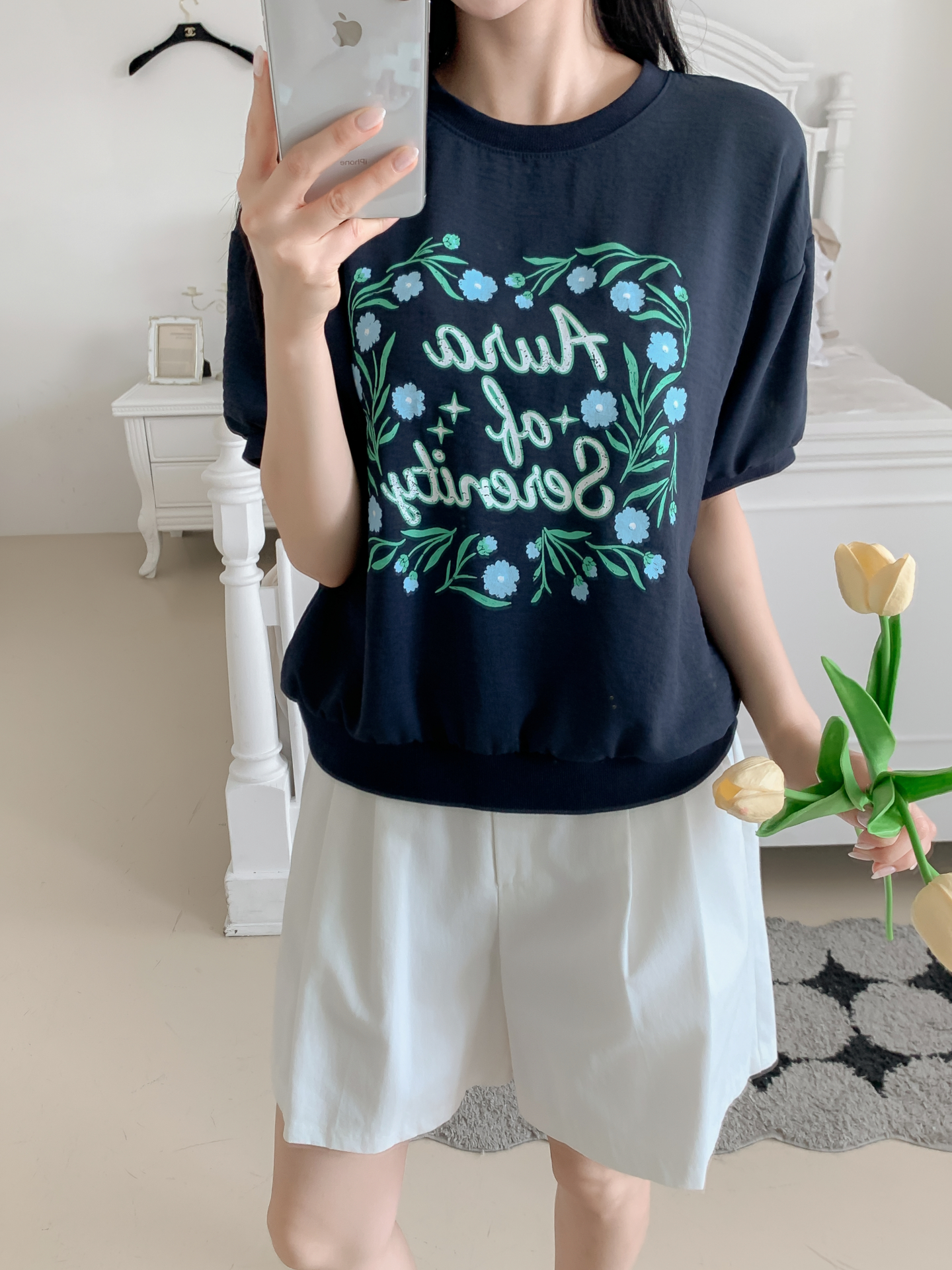 ラウンドネックルーズ半袖ロゴTシャツブラウス | 詳細画像17