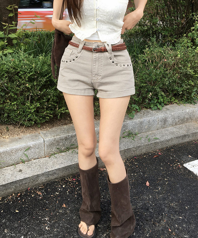 ビンテージウォッシングショートスタッズポケットショートパンツ
