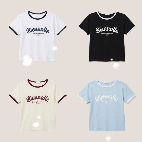 ラウンドネックスリム半袖レタリング配色ラインTシャツ | レディース