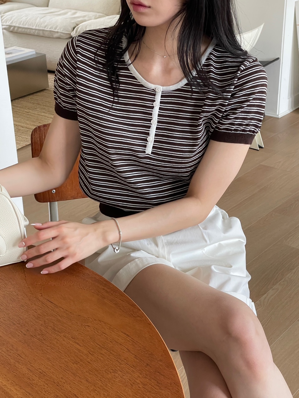 ヘンリーネックシャーリングパフスリーブ半袖ボーダーニット | 詳細画像8