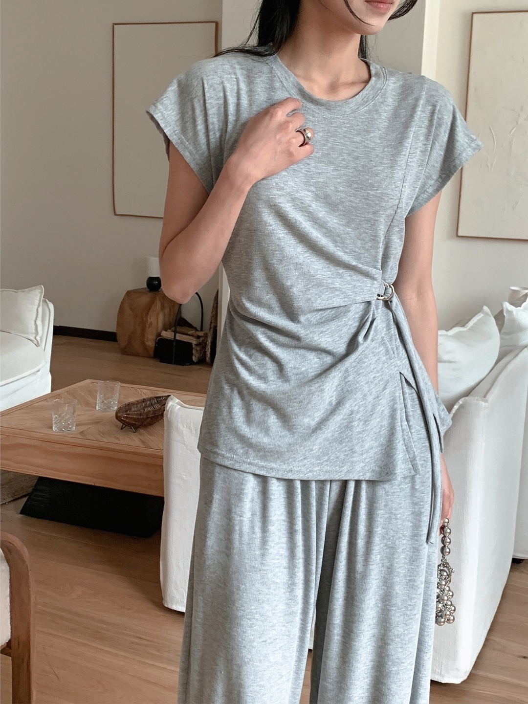 ストラップウエストゴムフレンチスリーブ半袖ワイドDリングツーピース(トップス、ボトムス)パンツTシャツ | 詳細画像3