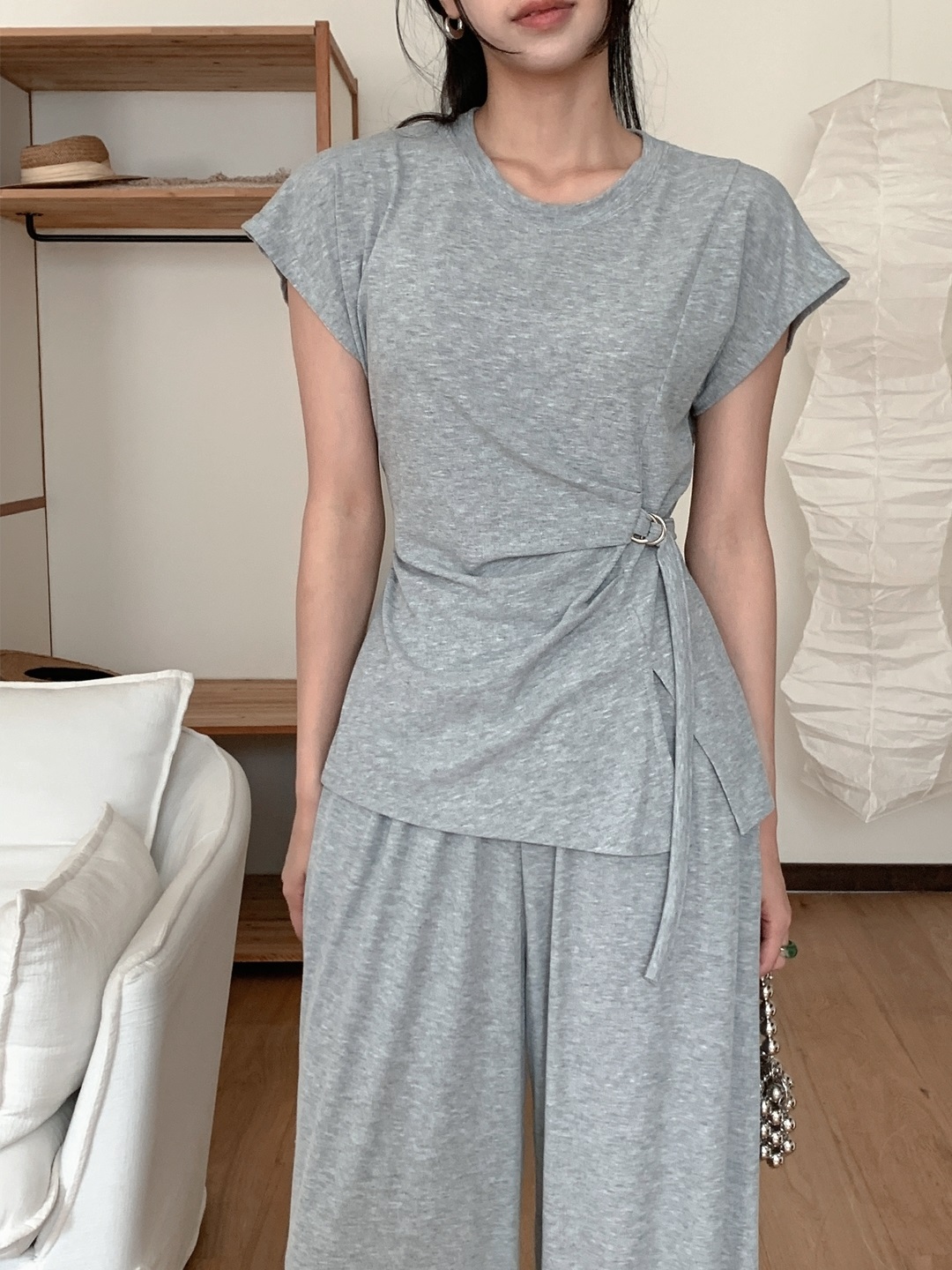 ストラップウエストゴムフレンチスリーブ半袖ワイドDリングツーピース(トップス、ボトムス)パンツTシャツ | 詳細画像4