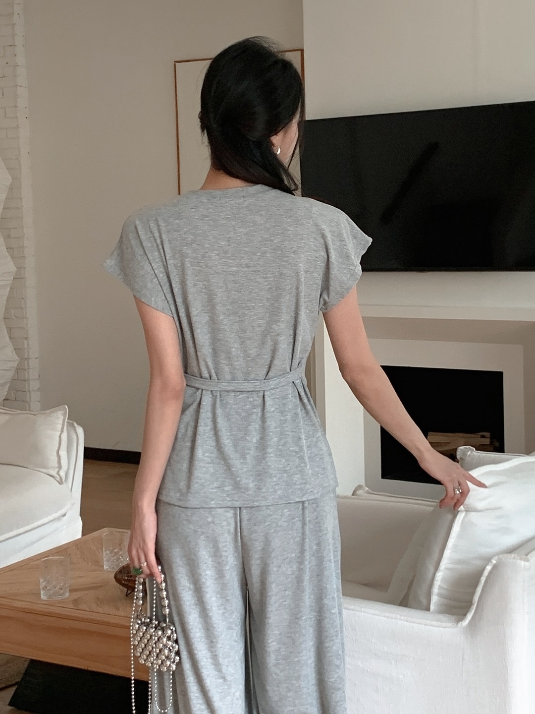 ストラップウエストゴムフレンチスリーブ半袖ワイドDリングツーピース(トップス、ボトムス)パンツTシャツ | 詳細画像5