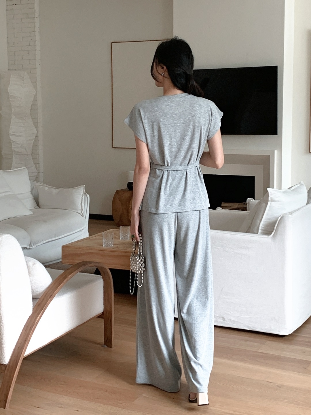 ストラップウエストゴムフレンチスリーブ半袖ワイドDリングツーピース(トップス、ボトムス)パンツTシャツ | 詳細画像6